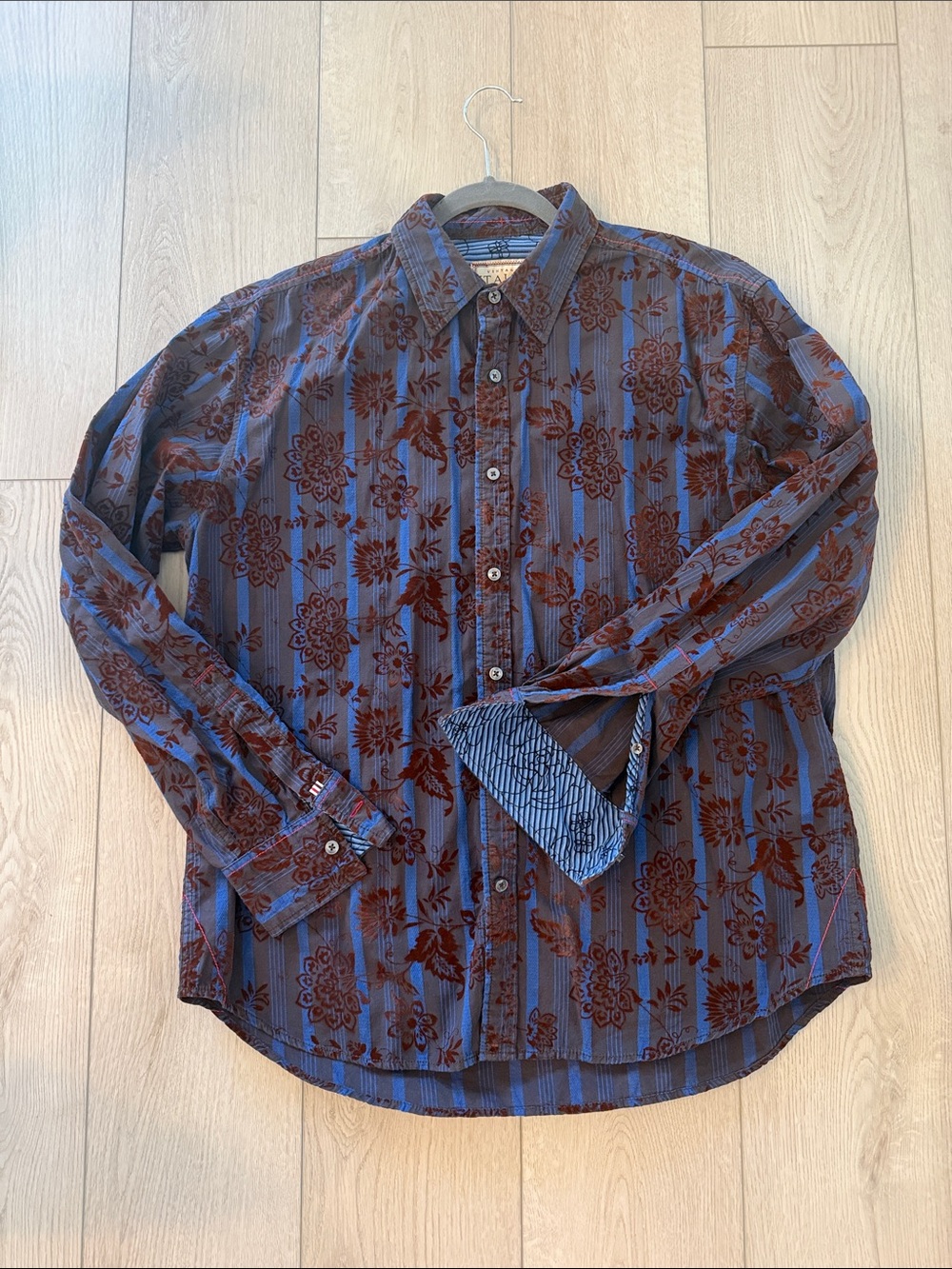 Italina Blue and Brown Velvet Floral Burnout Button-Down Shirt